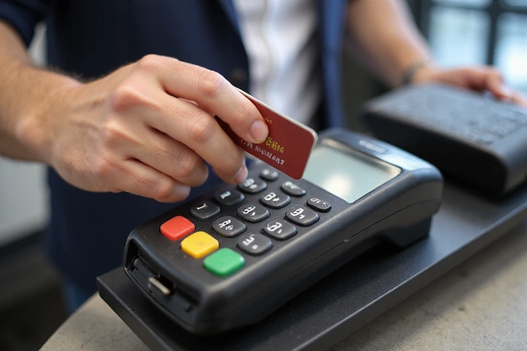 Ręce trzymające kartę płatniczą nad terminalem płatniczym