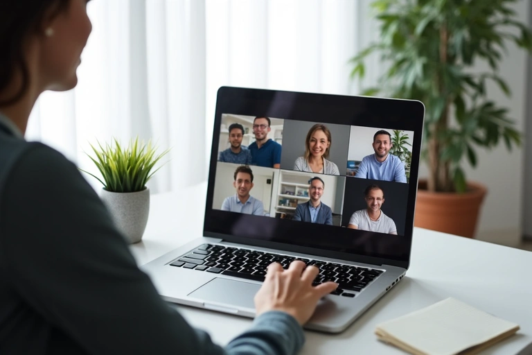 Osoba pracująca zdalnie na laptopie, prowadząca wideokonferencję